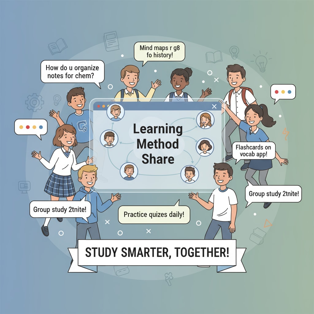 A diverse group of high school students from different schools are smiling as they interact on the learning method sharing platform. There are chat bubbles with study - related discussions. Students from various high schools connecting and sharing academic knowledge on the platform