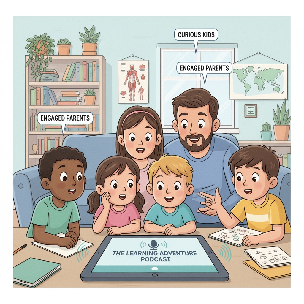 A group of kids and parents are gathered around a tablet, listening intently to an educational podcast. Their expressions show curiosity and engagement. Kids and parents listening to the