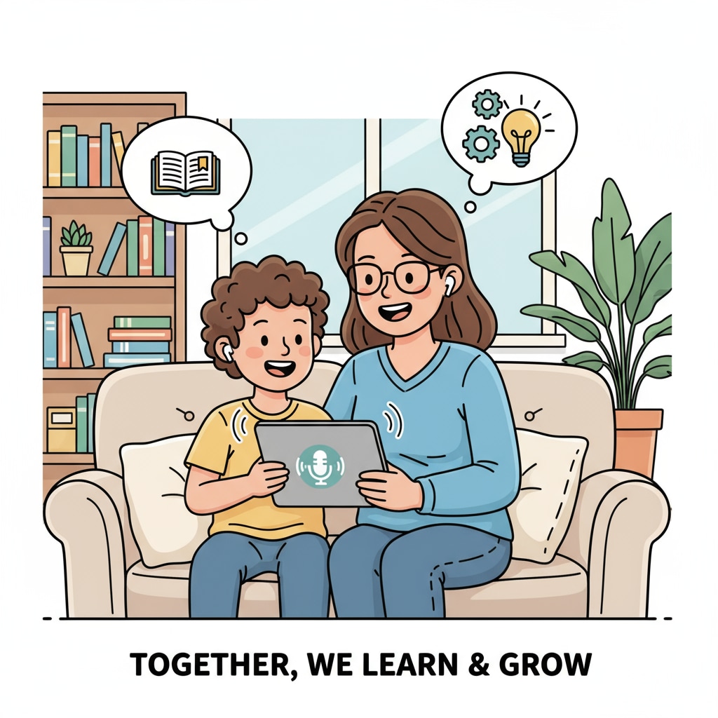 A child and parent are sitting side by side, smiling as they listen to a podcast on a mobile device. The scene radiates a sense of togetherness and learning. A child and parent enjoying the