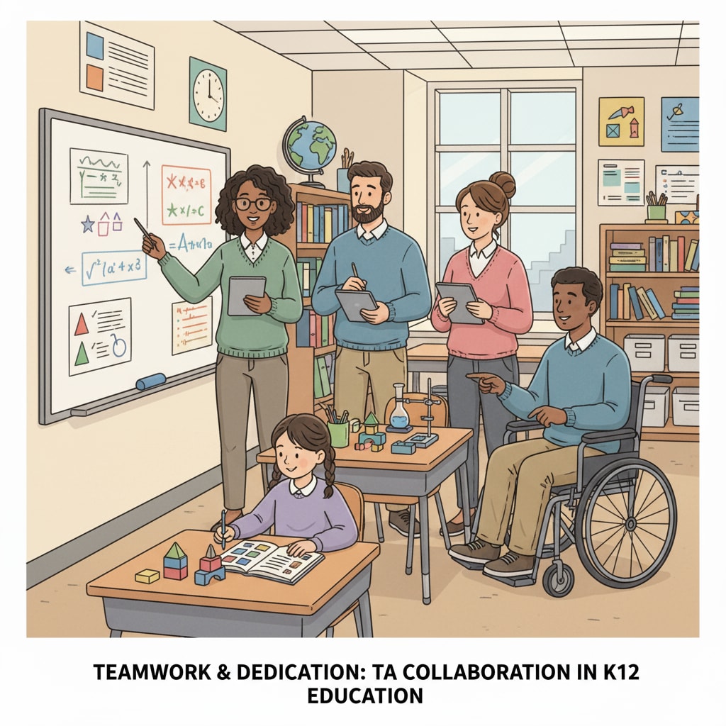 A group of teaching assistants collaborating in a K12 classroom, showing teamwork and dedication. Teaching assistants collaborating in a K12 classroom for MAT program preparation