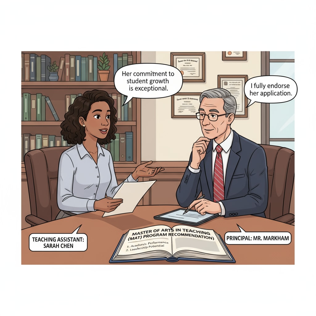 A teaching assistant and a principal having a conversation, indicating a professional relationship for MAT program recommendation. Teaching assistant and principal discussing for MAT program recommendation