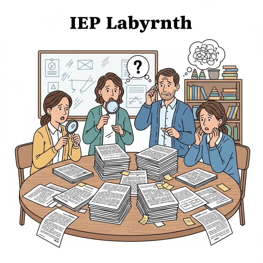 A group of special educators sitting around a table, looking confused at IEP documents, representing their struggle with understanding. Special educators facing difficulties in understanding IEP documents.