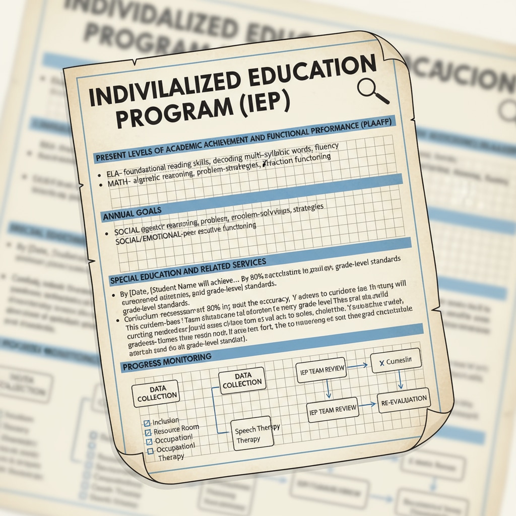 A close-up of an IEP document page filled with text and technical terms, highlighting the complexity. Complex IEP document page with technical terms causing understanding difficulties.