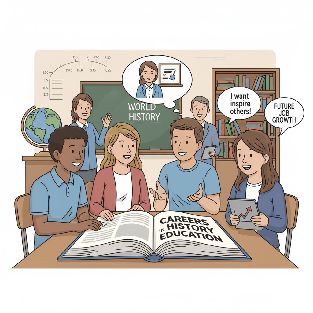 A group of high school students discussing future career paths, with a focus on becoming history teachers High school students exploring educational careers as history teachers