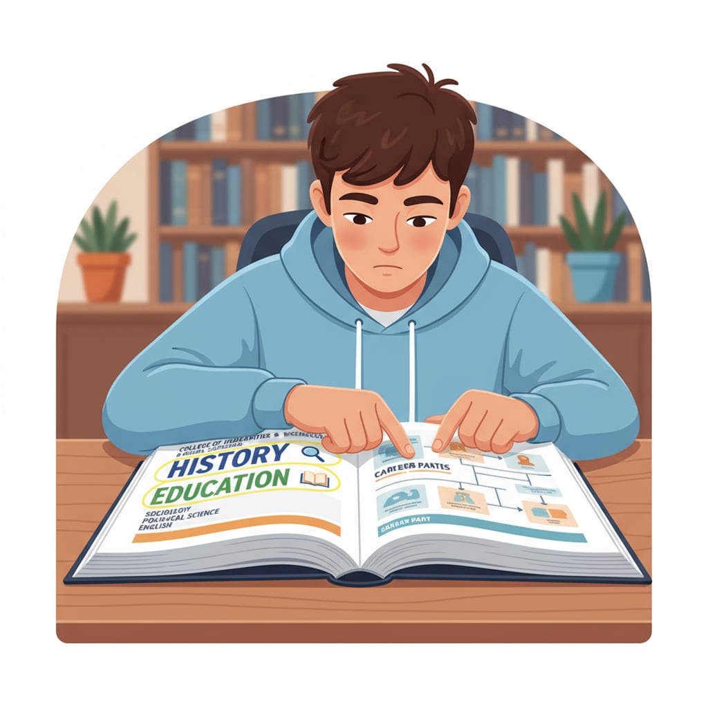 A student looking at a university course catalog, highlighting history and education majors Student researching university majors related to history teaching
