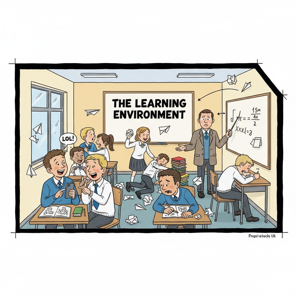 A chaotic classroom scene affecting student engagement within the education system's class stratification.