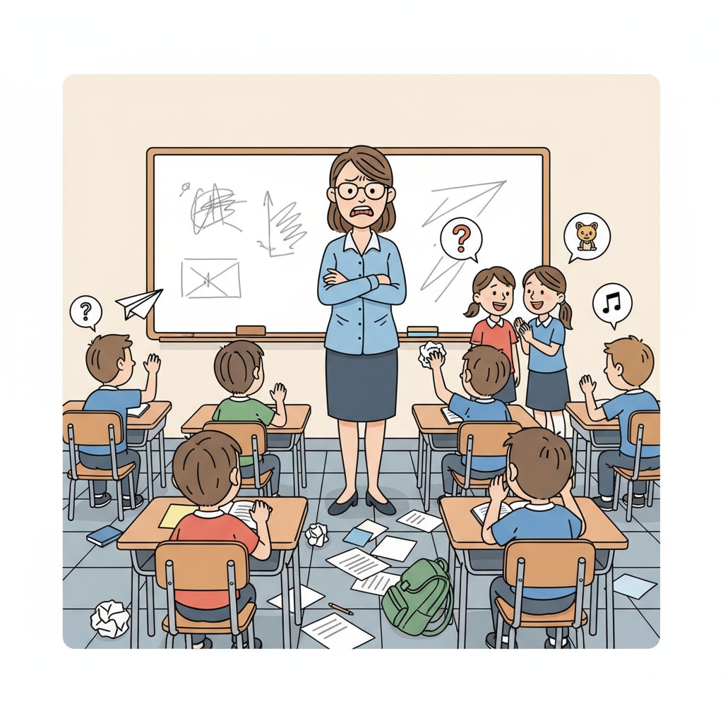 A teacher struggling to maintain order in a classroom, related to education system, class stratification, and student engagement.