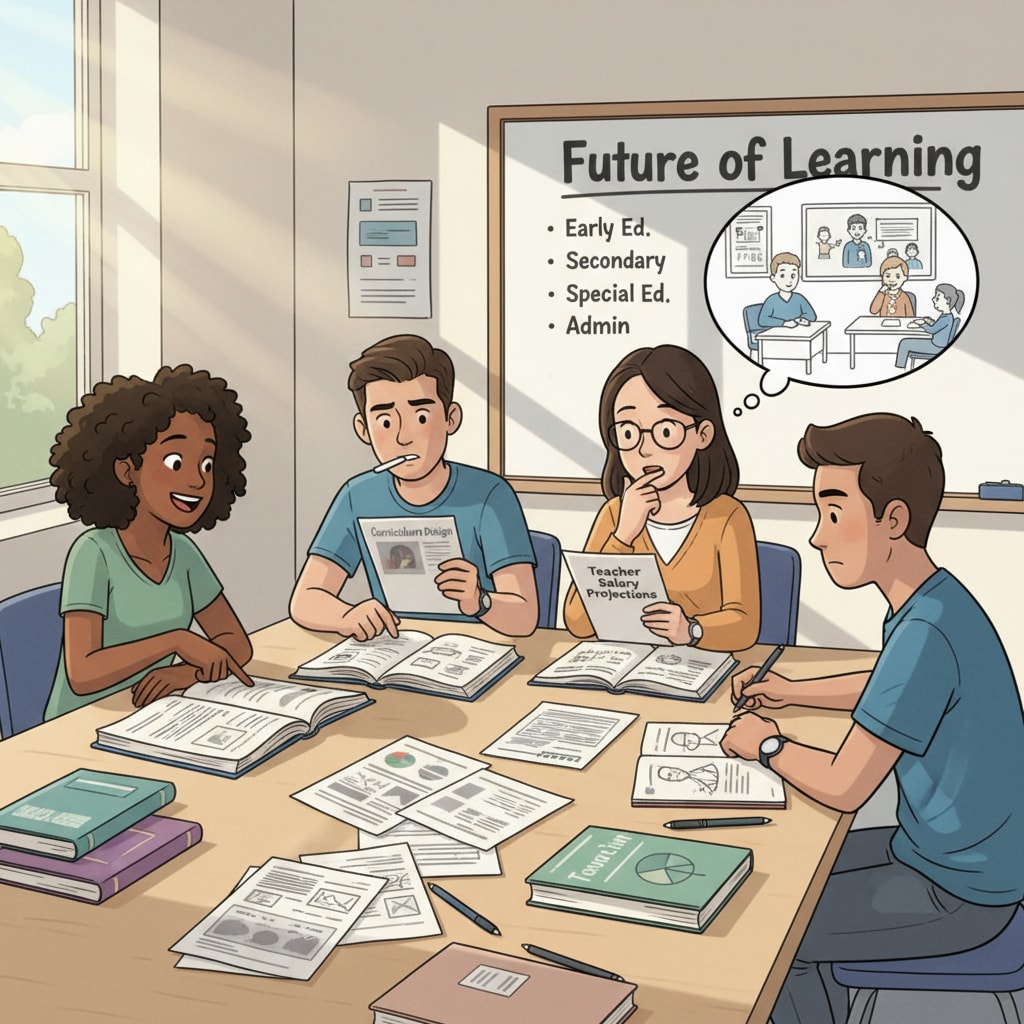 A group of college students are sitting around a table in a classroom setting, discussing their future career options in the field of education. They are looking at books and papers related to K12 education, with expressions of both excitement and concern on their faces. College students discussing K12 education career options amidst employment uncertainties and considerations of dream careers