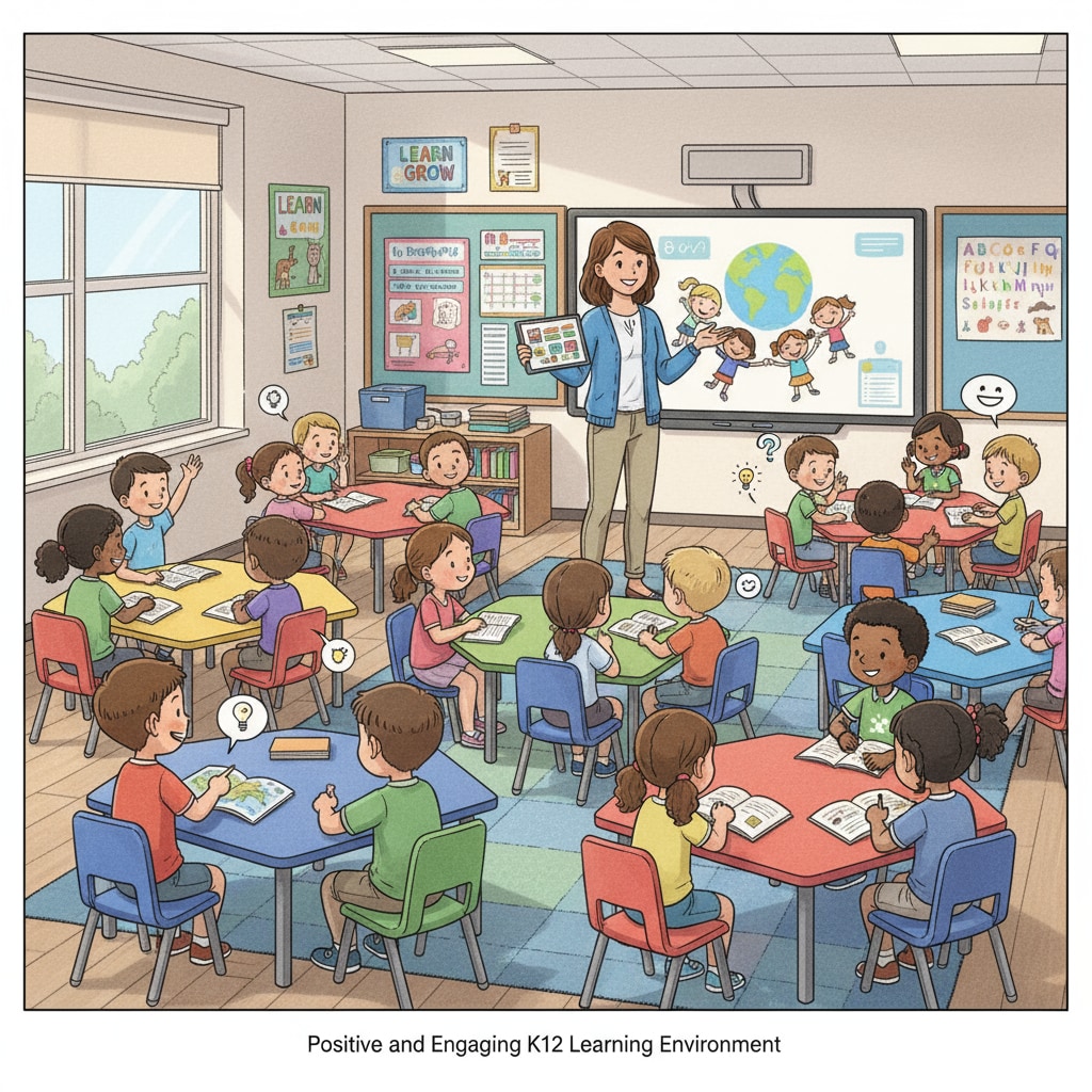 A young student teacher is standing in front of a classroom of K12 students. The teacher is smiling and interacting with the students, who are actively participating in the class. The scene depicts a positive and engaging teaching environment in a K12 setting. A student teacher in a K12 classroom, an important part of career planning and pursuing a dream career in K12 education