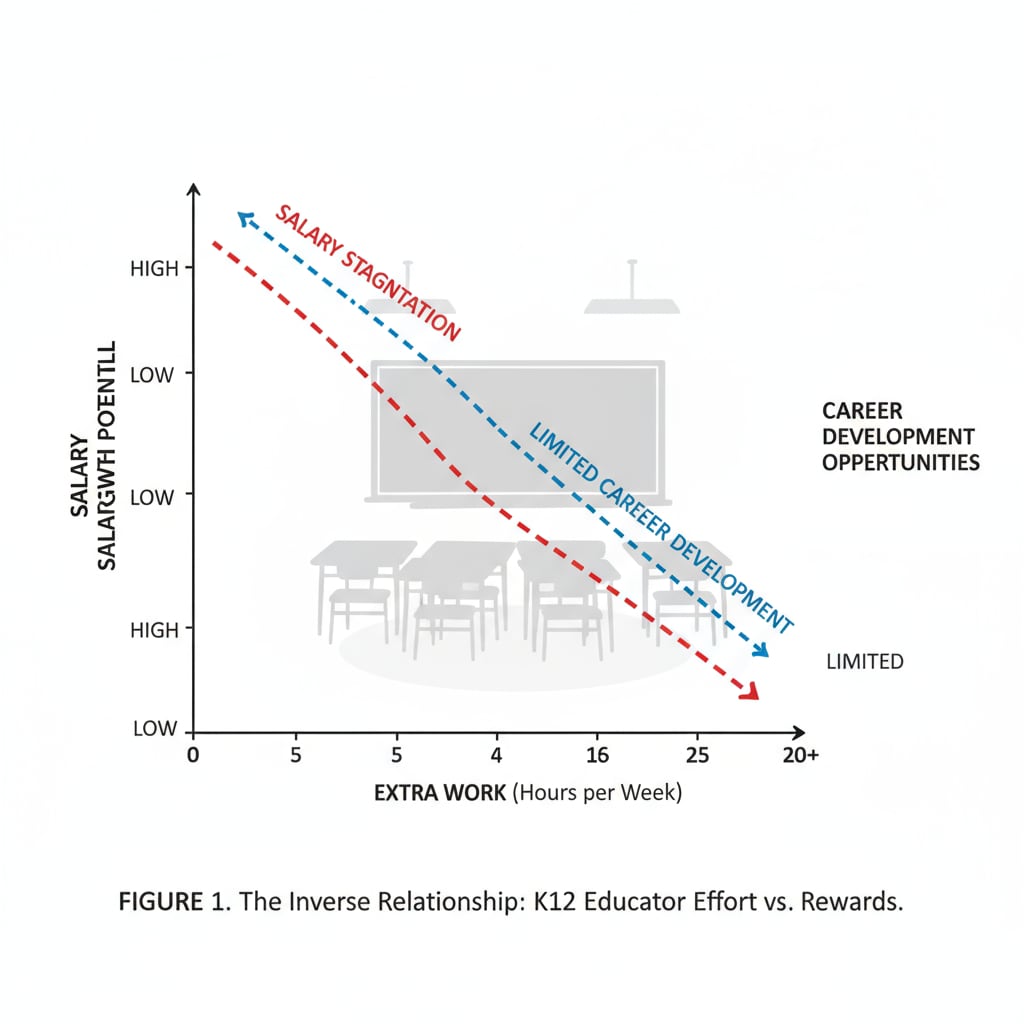 A graph showing the relationship between extra work, salary stagnation, and limited career development for K12 educators Graph depicting the negative impact of uncompensated extra work on K12 educators' salary growth and career development
