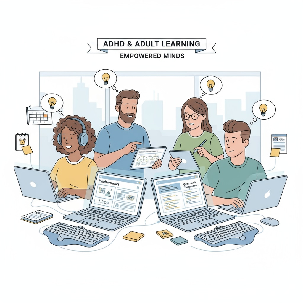 A group of ADHD adults are shown actively participating in online learning platforms, with their screens displaying various basic education courses. ADHD adults using online learning resources to improve basic education knowledge