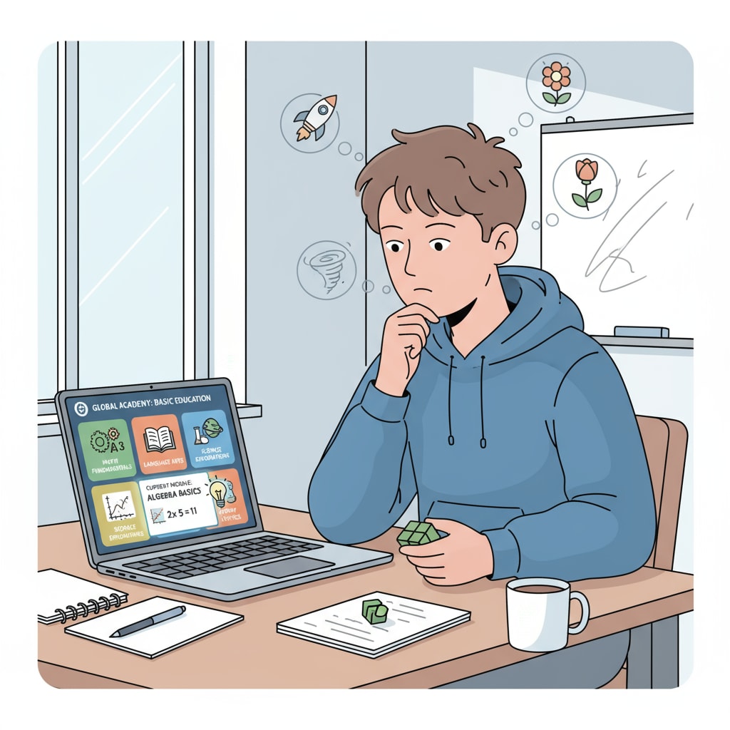 An ADHD adult is sitting at a desk, using a laptop to access online courses related to basic education. The screen shows an interactive learning interface. ADHD adult engaged in online learning for basic education