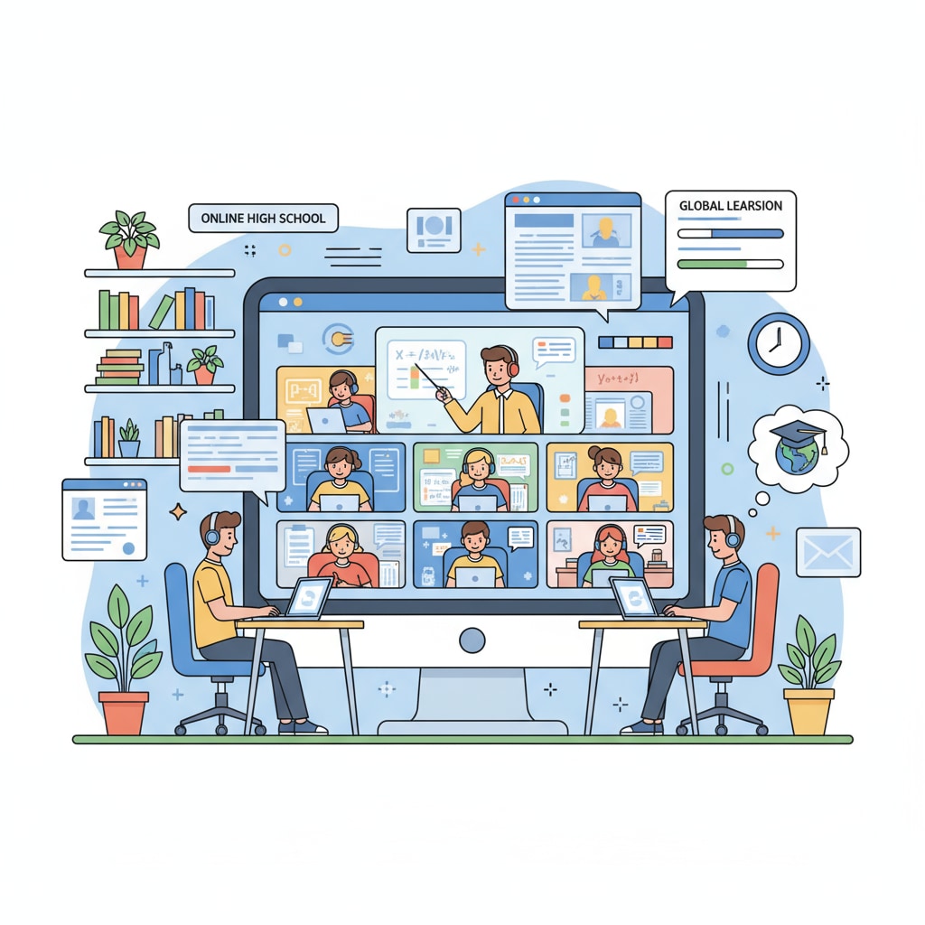 Students studying in an online high school classroom related to credit requirements and high school diploma
