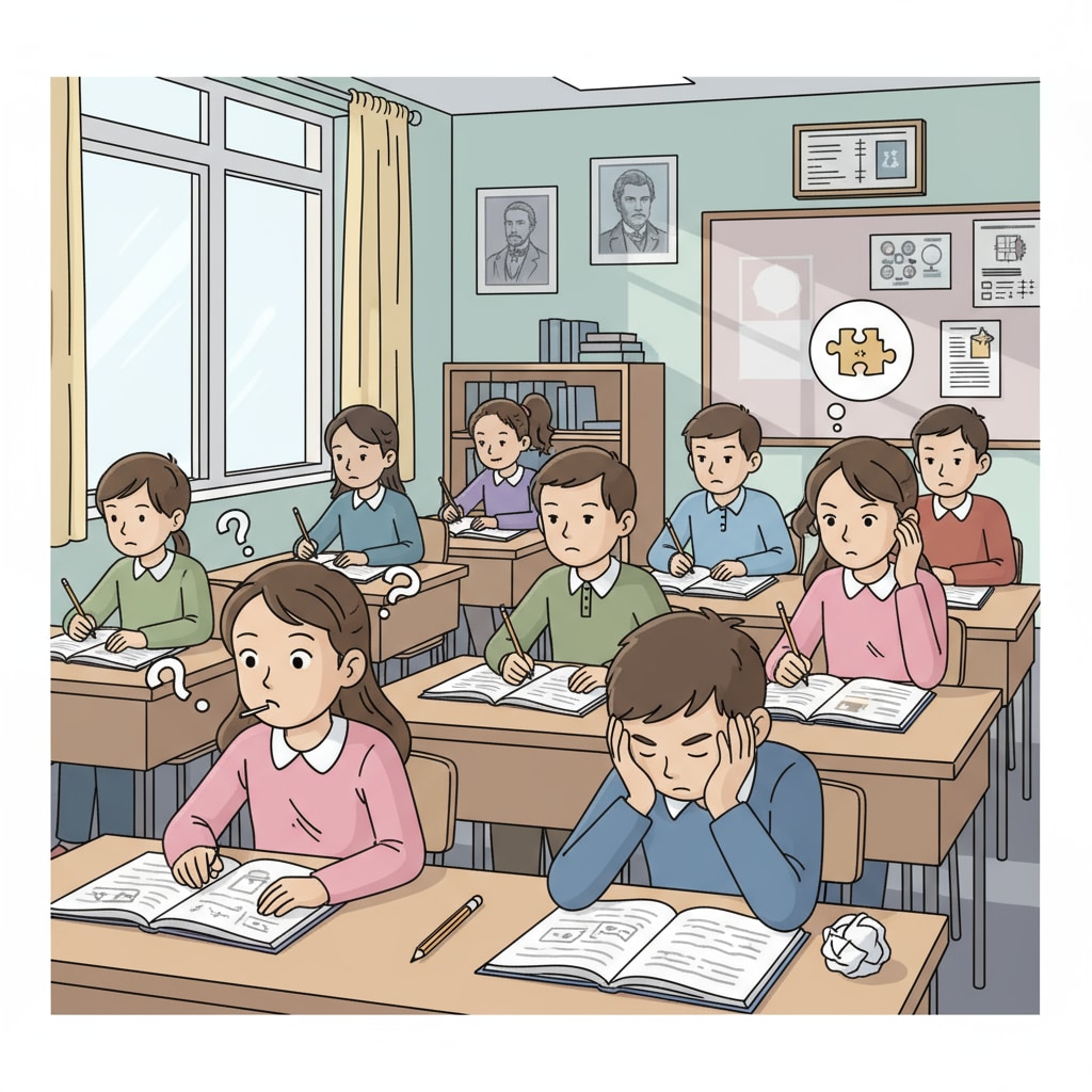 A group of K12 students sitting in a classroom, some looking worried, representing intellectual self-doubt K12 students experiencing intellectual self-doubt in a classroom
