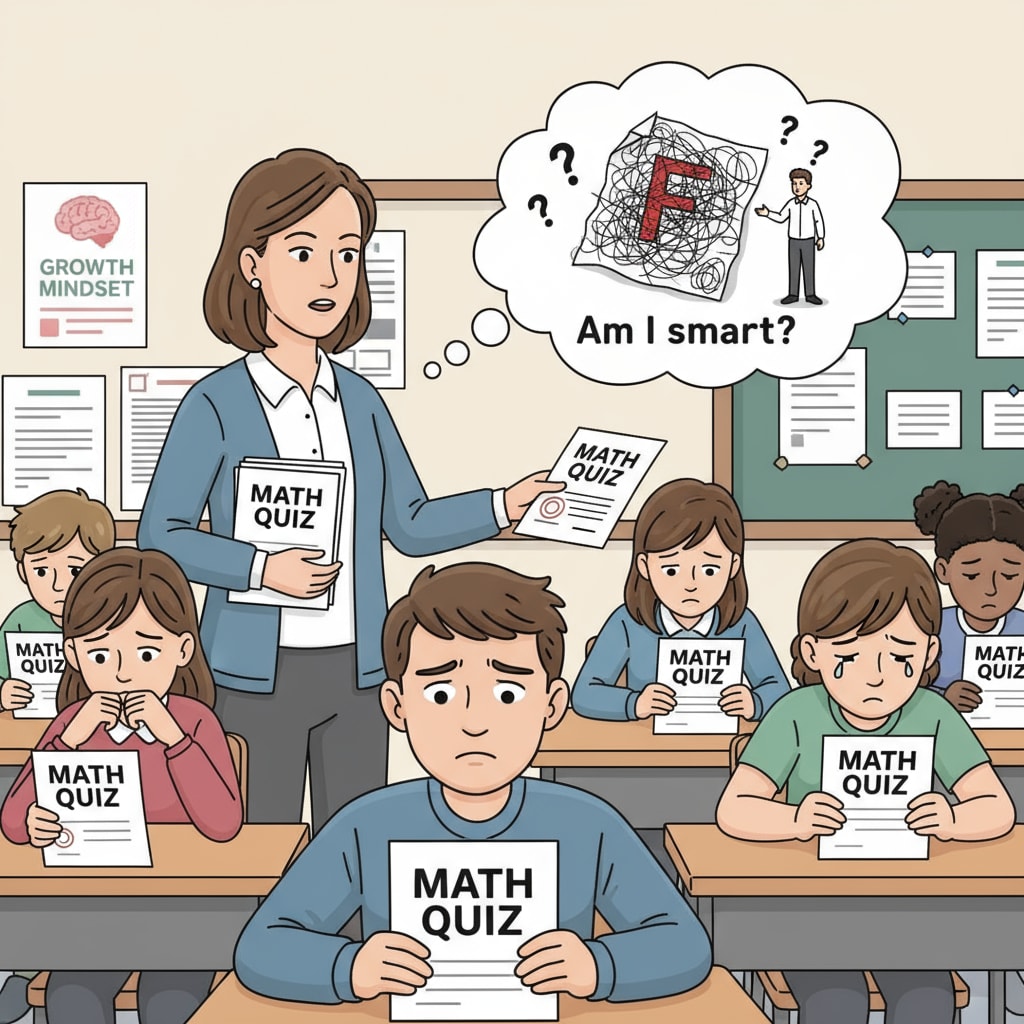 A teacher handing out test papers to students, with some students looking disappointed, showing the impact of testing on self-doubt Impact of test paper distribution on students' intellectual self-doubt