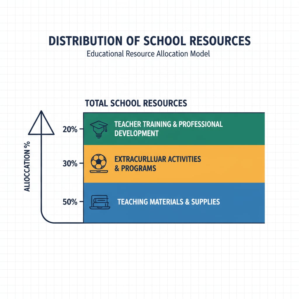 A graph visually represents the distribution of different types of school resources, such as funds for teaching materials, extracurricular activities, and teacher training. Graph showing the distribution of school resources related to ethical decisions of administrators