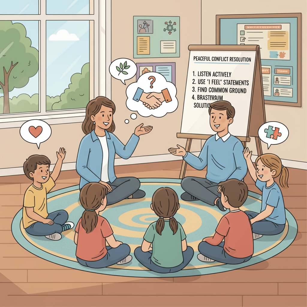 A group of students and teachers are sitting in a circle, engaged in a discussion about how to resolve conflicts in a peaceful and understanding way. Students and teachers discussing conflict resolution through restorative justice in an educational setting