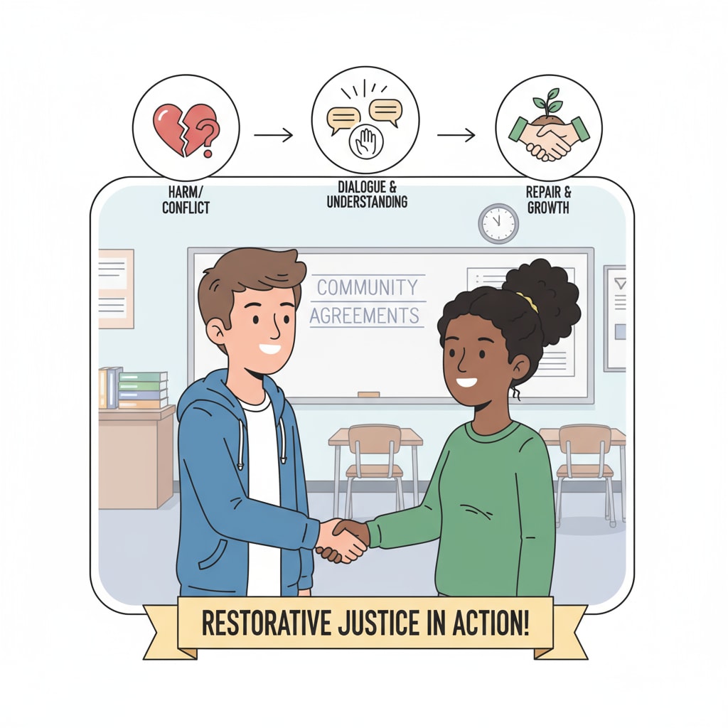 Two students are shaking hands, signifying the resolution of a conflict through the application of restorative justice principles. Students resolving conflict and reconciling through restorative justice in school