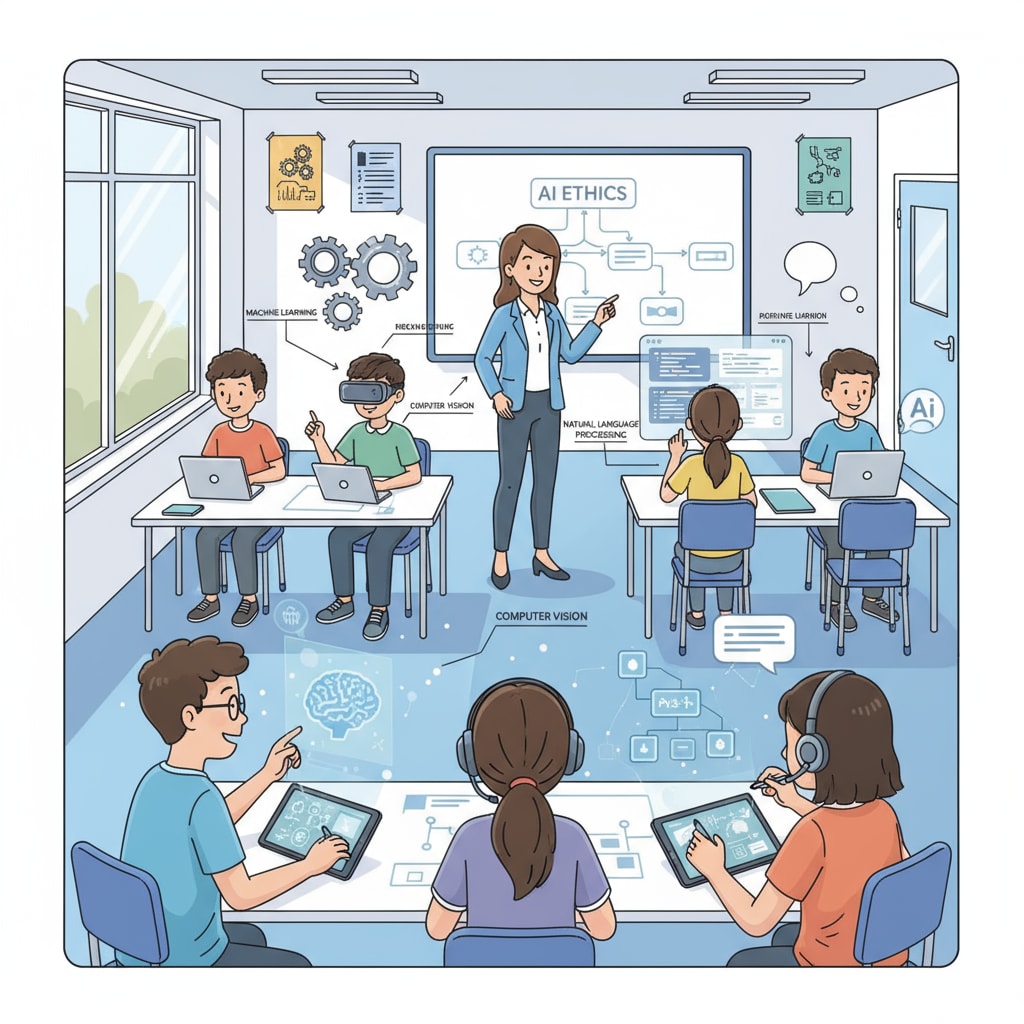 An illustration showing students using AI tools in a classroom, with a teacher observing and guiding. Students using artificial intelligence learning tools in a K12 classroom.
