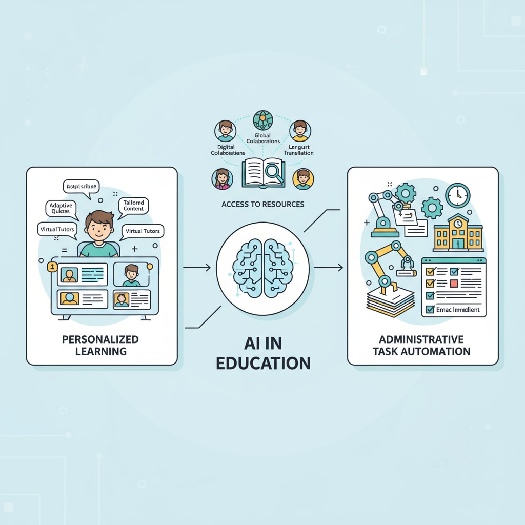 A graphic depicting the benefits of AI in education, including personalized learning, access to resources, and administrative task automation. Graphic showing the advantages of artificial intelligence as a learning tool in K12 education.