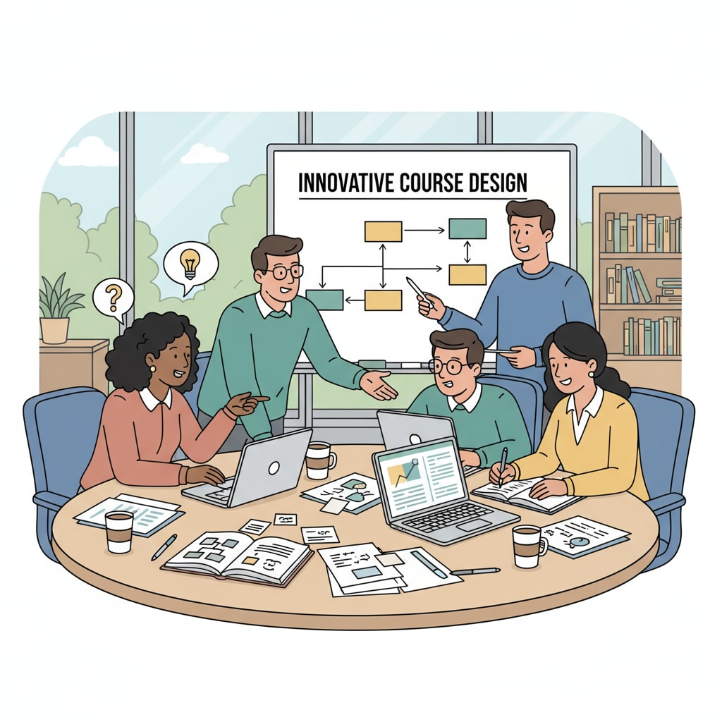 A group of teachers are having a lively discussion about creative ways to design courses in a classroom setting. They are looking at textbooks, laptops, and jotting down ideas on papers. Teachers discussing creative course ideas to enhance student engagement