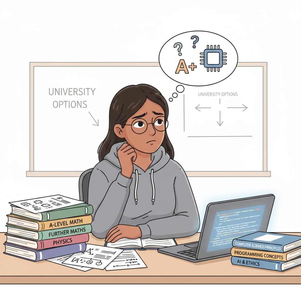 A young student sitting at a desk, looking confused with books and papers about A-Level and computer science in front of him, showing the dilemma in education choices. A student facing education choices dilemma with A-Level and computer science materials