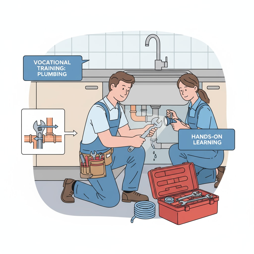 A person working as a plumber, fixing pipes in a kitchen, representing the vocational training path. A plumber working, showing vocational training option related to education choices