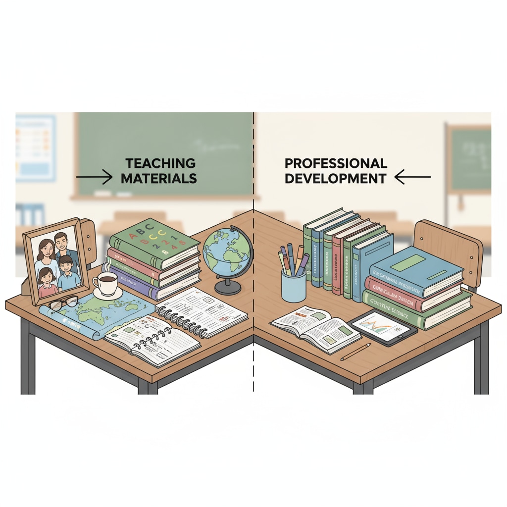 A K12 teacher is sitting at a desk. There are teaching materials like textbooks and lesson plans on one side, books for further study such as educational psychology books on the other side, and a family photo in a frame at the corner. A K12 teacher's workspace showing the combination of work, study, and family elements related to work - learning balance, time management, and marriage relationships