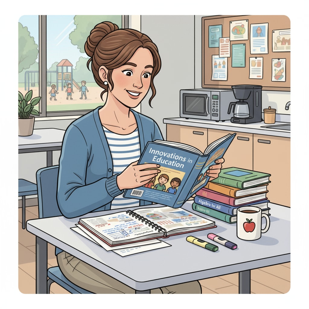 A K12 teacher is sitting in a break room, poring over educational materials. There are notes and highlighters beside the books. A K12 teacher using break time for further study as part of achieving work - learning balance, time management, and maintaining a healthy marriage relationship
