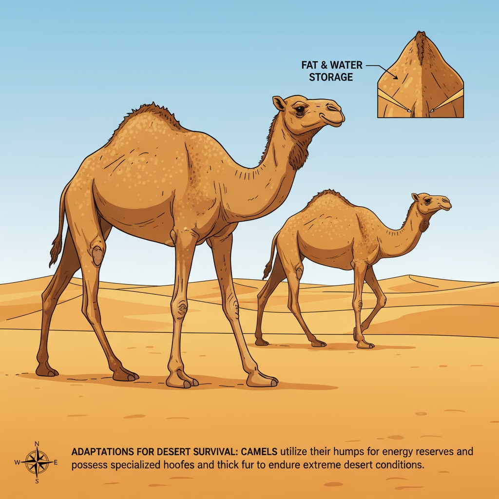 A group of camels walking in the vast desert. Their strong bodies and unique humps are clearly visible, which are important adaptations for survival in the desert. Camels' evolutionary adaptations and survival mechanisms in the desert