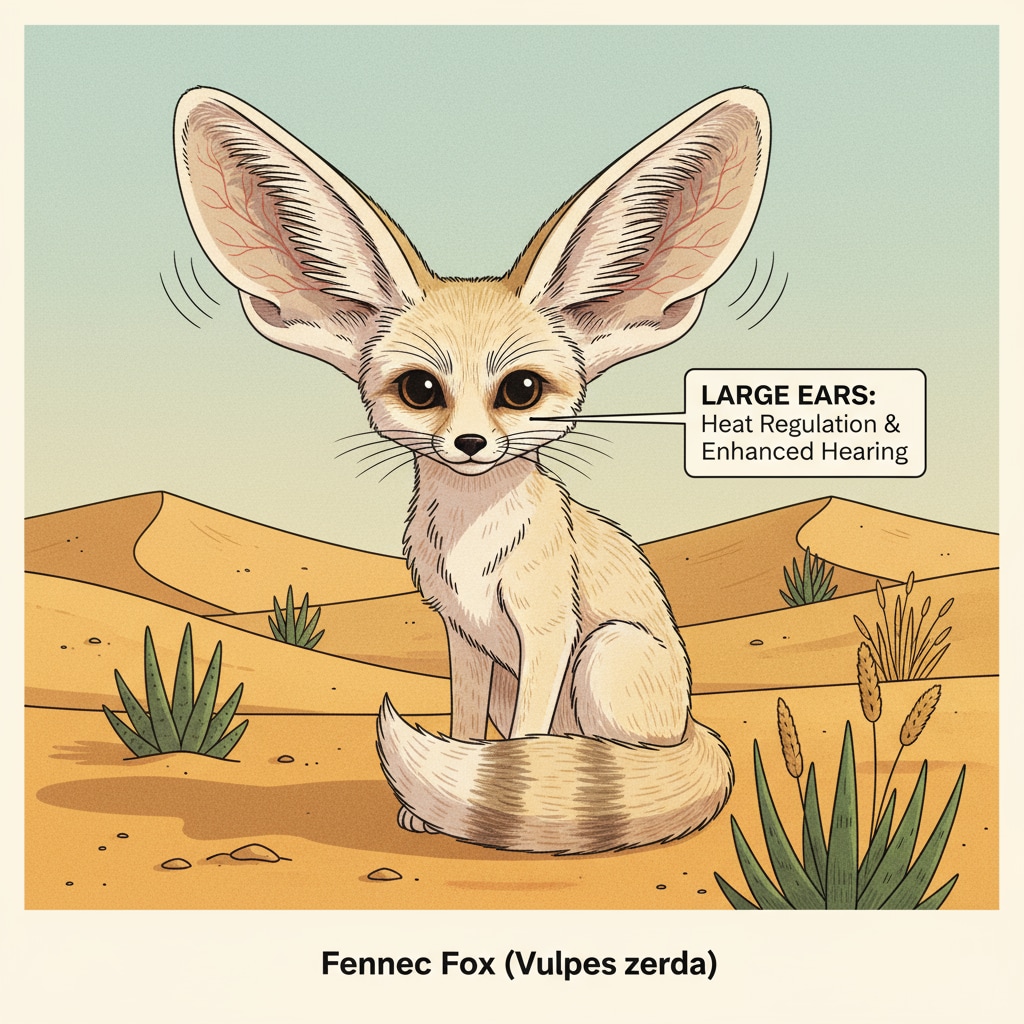 A fennec fox sitting in the desert sand. Its large ears are the most prominent feature, which play a crucial role in its survival in the hot desert environment. Fennec fox's evolutionary adaptations and survival mechanisms in the desert