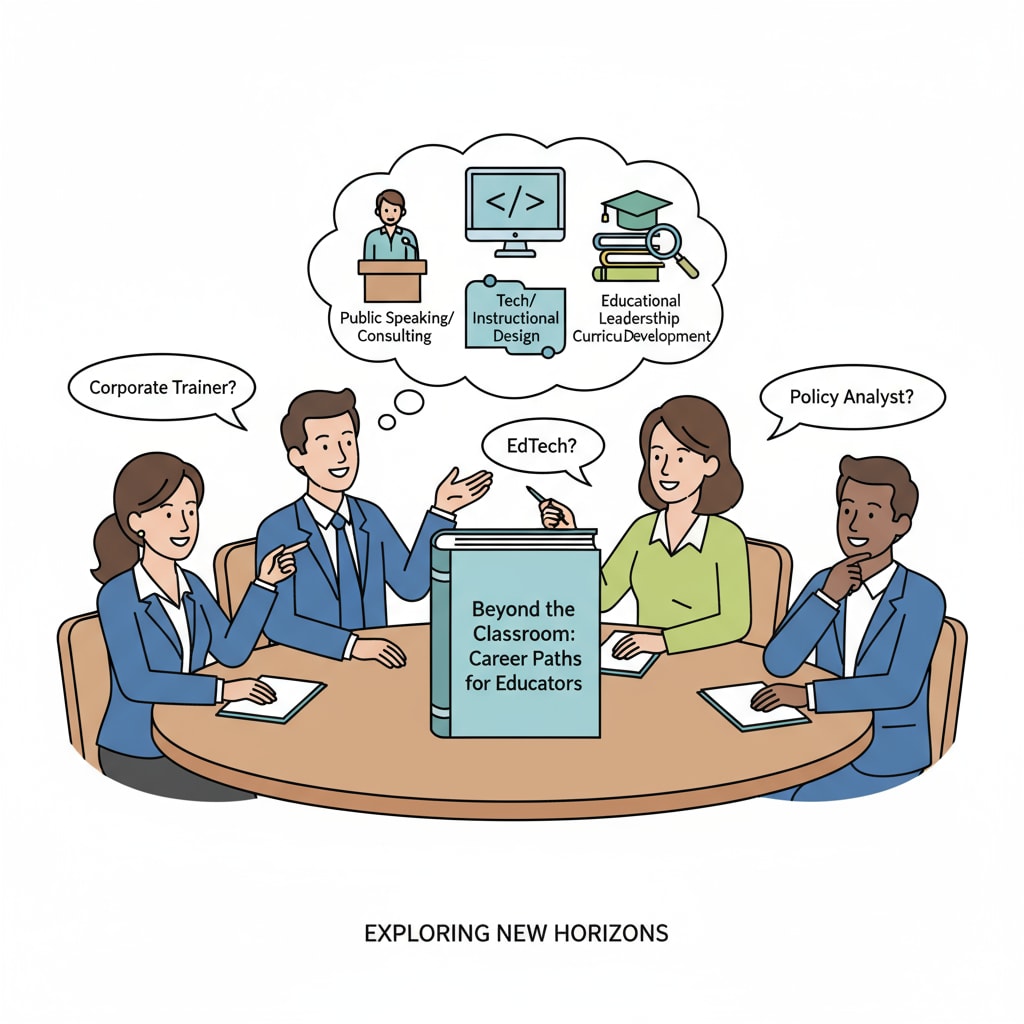 A group of teachers is sitting around a table, having a discussion about different career options they can explore after leaving the classroom. Teachers discussing career transitions, educational qualifications, and potential in ABA therapy
