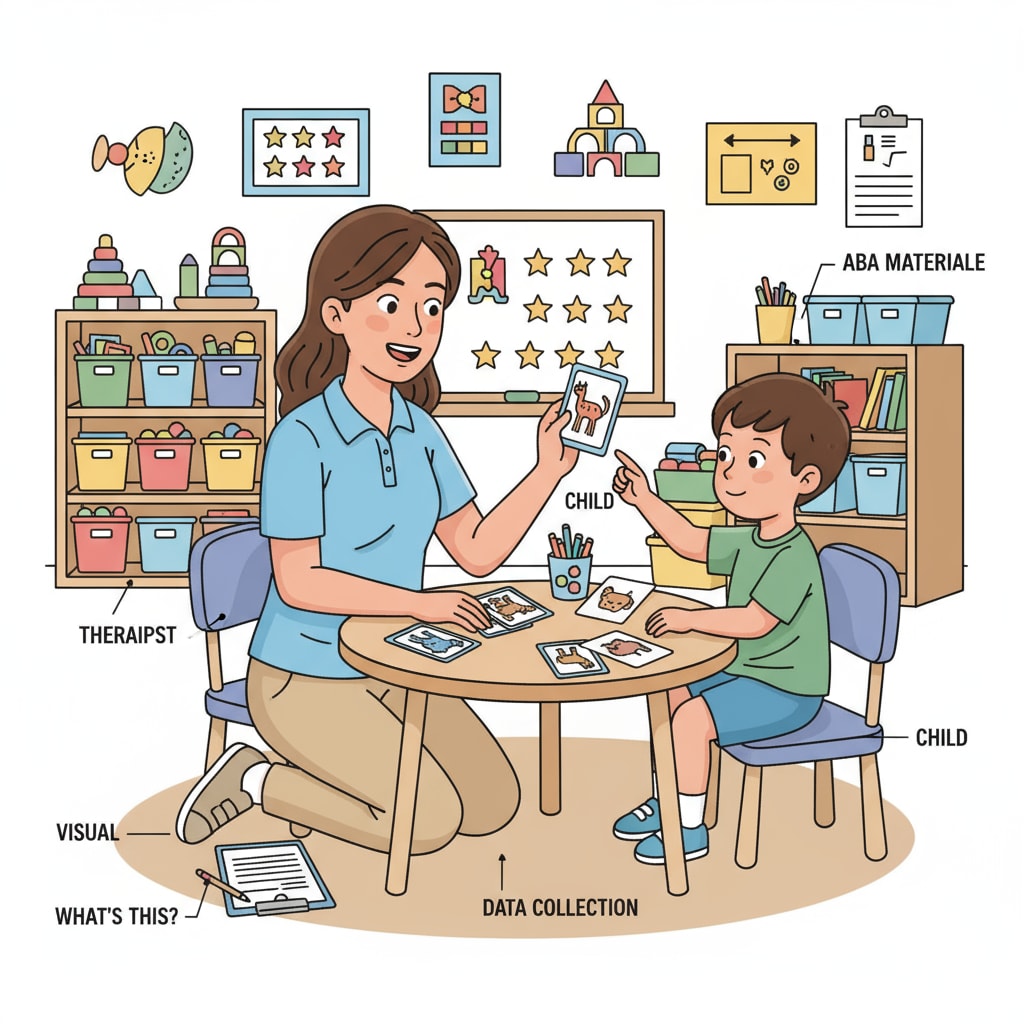 A therapist is interacting with a child in a room filled with educational toys and materials. The therapist is using ABA therapy techniques to teach the child new skills. Therapist conducting ABA therapy session, highlighting the connection to teacher skills and educational qualifications