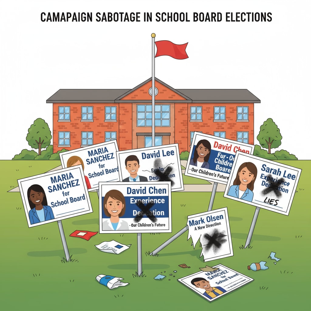 A group of campaign signs in a schoolyard, some of which are damaged, showing signs of vandalism. This represents the campaign sabotage aspect in school board elections. Campaign signs in a schoolyard with signs of damage related to school boards, political civility, and campaign sabotage