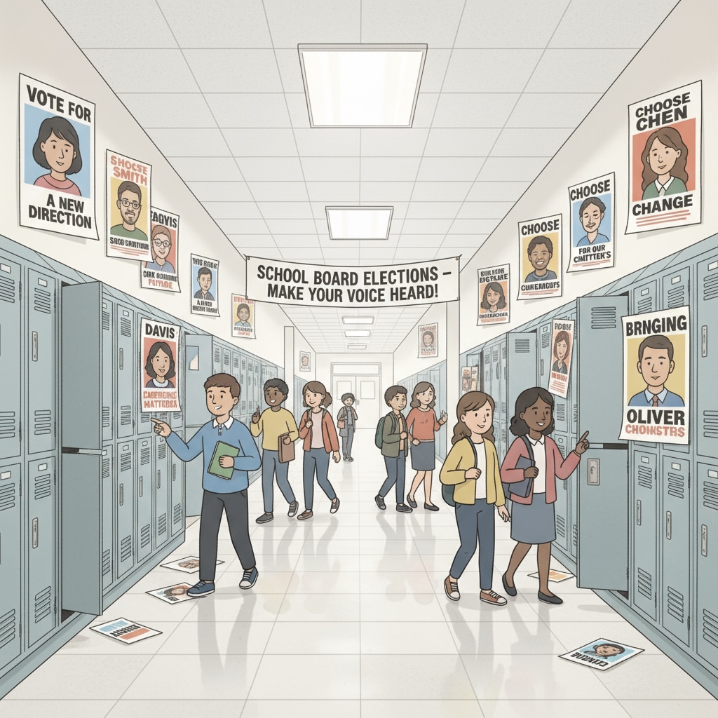 A school hallway decorated with posters promoting different school board candidates, highlighting the competitive nature of school board elections. School hallway with candidate posters relevant to school boards, political civility, and campaign sabotage