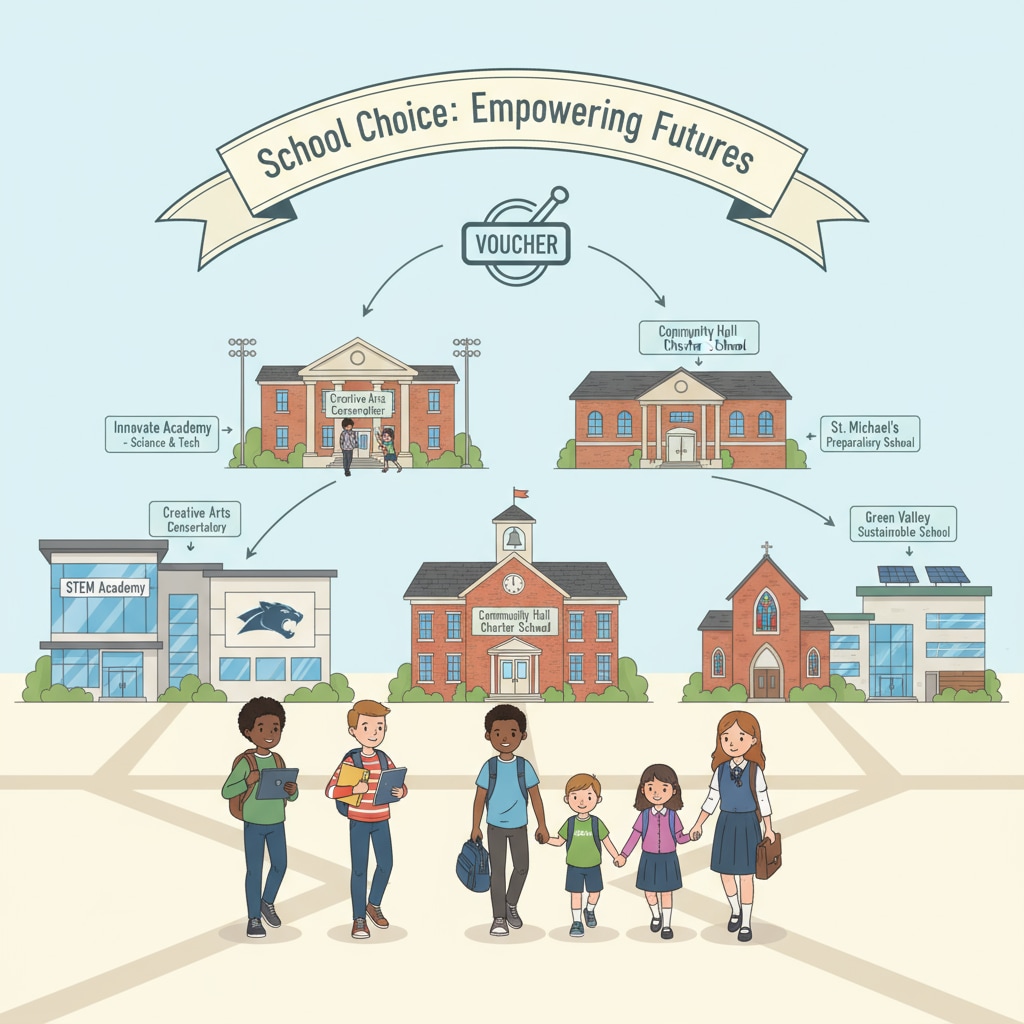 A group of students walking into different types of schools, representing the choices brought by school vouchers Students having educational choices with school vouchers