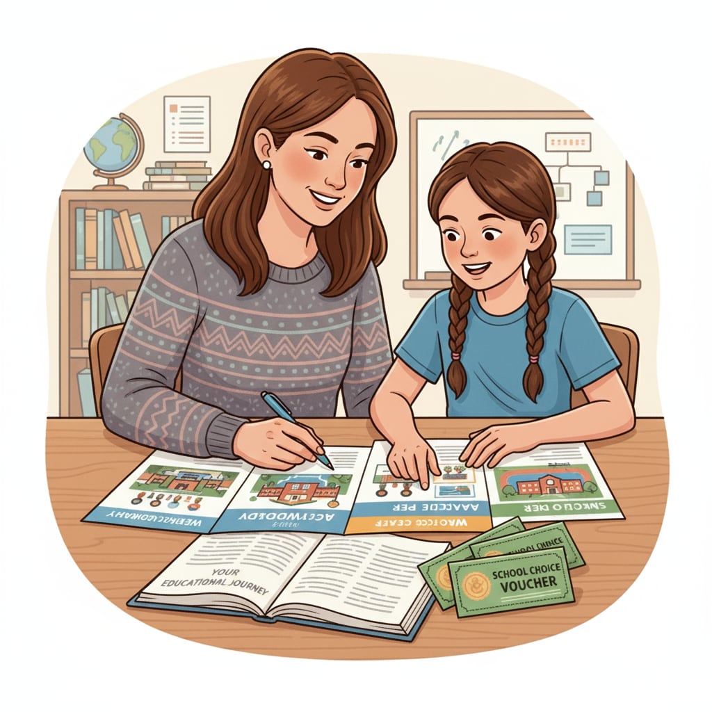 A parent and child looking at different school brochures, considering their options with school vouchers Parent and child exploring school options with school vouchers