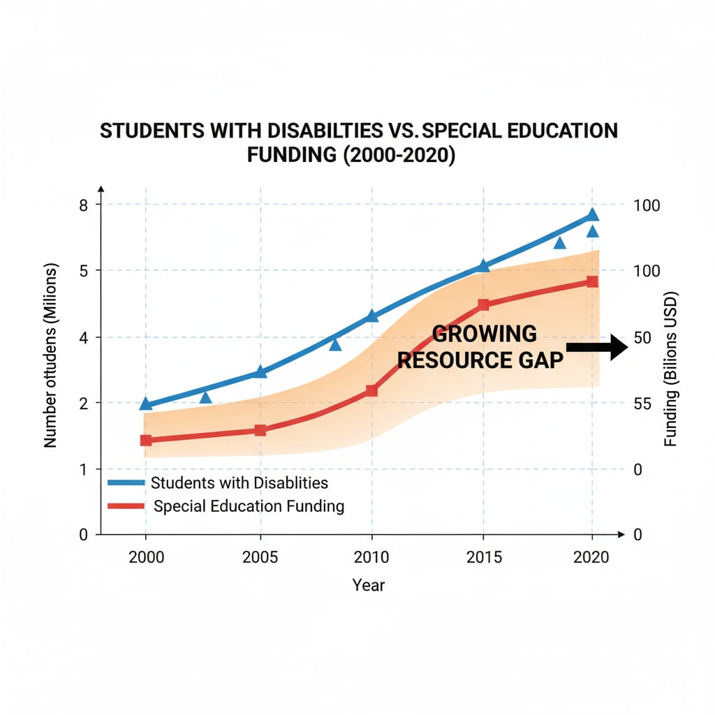 A graph showing the increasing number of students with disabilities over the years and the stagnant funding for special education. The graph clearly depicts the growing gap between the need and the available resources. Graph showing the increasing number of students with disabilities and stagnant special education funding, emphasizing the root cause of the OSERS crisis.