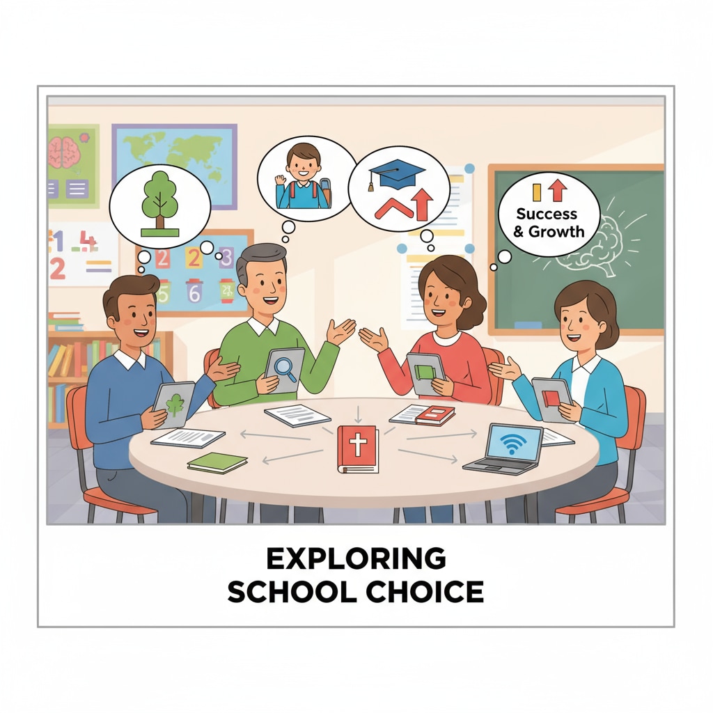 A group of parents are engaged in a discussion about the various school options available for their children, highlighting the concept of school choice. Parents discussing school choice options