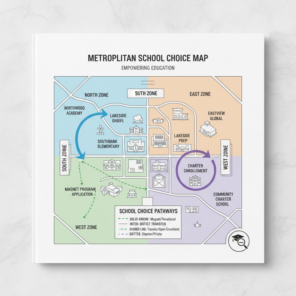 A map depicts different school zones and the available school choice options within the area, showing the practical aspect of school choice. Map of school zones and school choice options