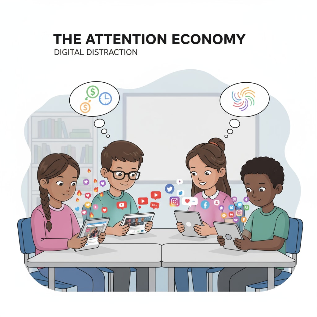 A group of K12 students are engrossed in their digital devices. The screens display various apps such as TikTok, YouTube, and social media platforms with colorful notifications, representing the allure of the digital world in the attention economy. K12 students being influenced by the attention economy through digital devices