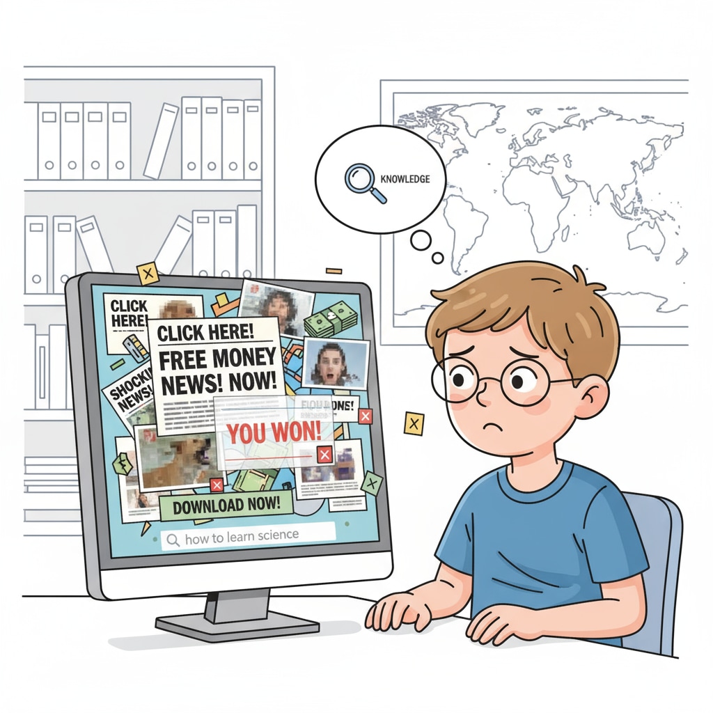 A young child is sitting in front of a computer screen. The screen is filled with a chaotic mix of text, images, and pop-up ads, symbolizing the information desert where quality information is hard to find. A child facing the information desert on a digital device