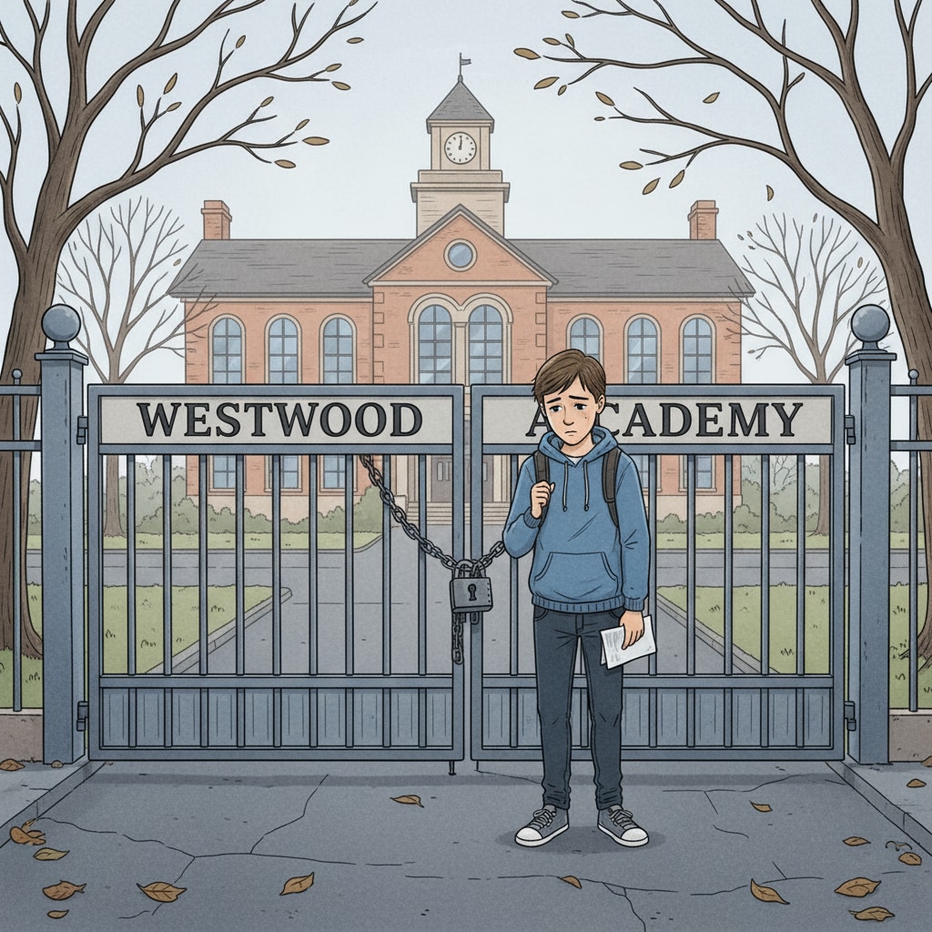 A sad-looking teenager standing in front of a closed school gate. The gate is made of metal and is shut, with the school building visible in the background. A dropout teenager facing the educational dilemma related to dropouts, GED, and education choices