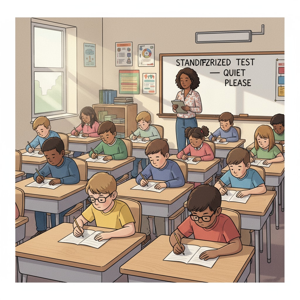 A group of students taking a standardized test in a public school classroom. Desks are neatly arranged, and students are concentrating on their test papers. Students taking a standardized test in a public school related to education funding and test scores