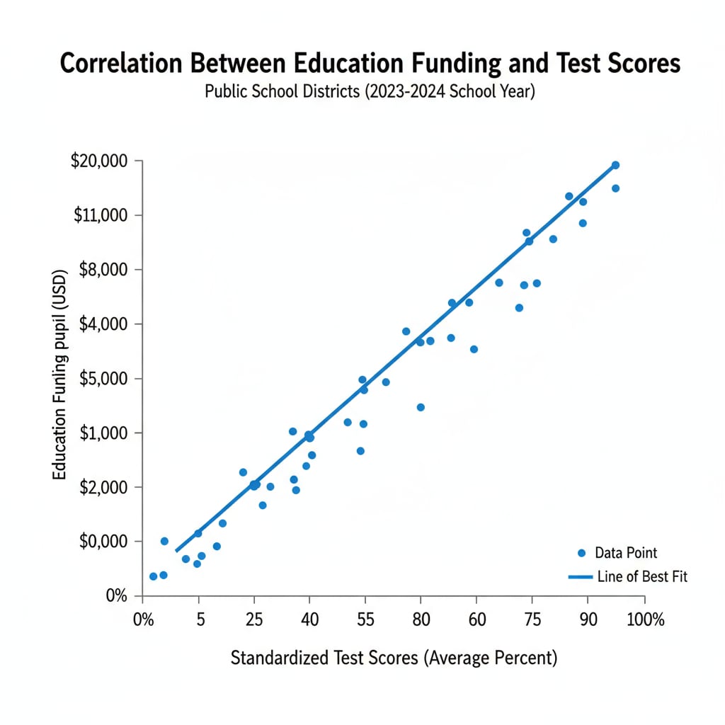A graph showing the correlation between test scores and education funding in public schools. The x - axis represents test scores, and the y - axis represents the amount of funding received. Graph depicting the relationship between test scores and education funding in public schools