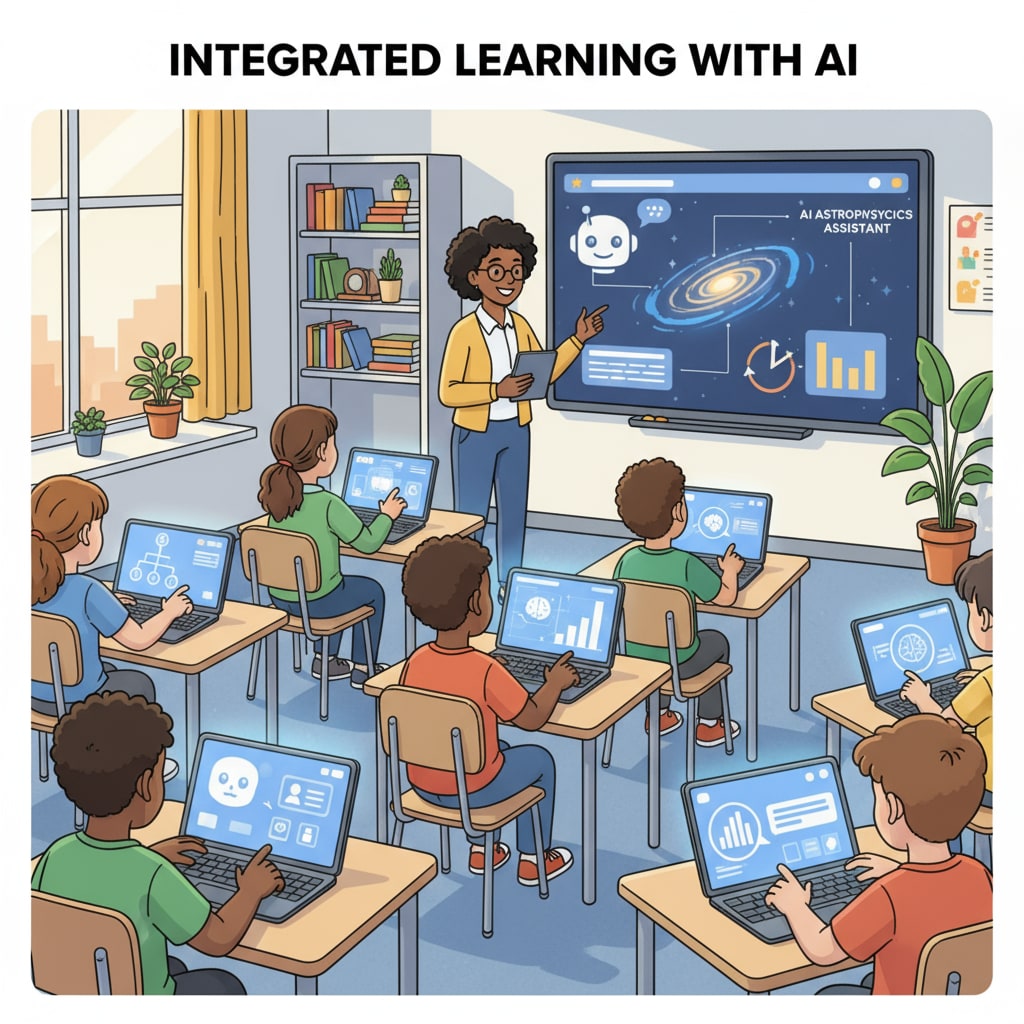 Students are seen using AI learning tools in a classroom setting, indicating the integration of AI in education. Students using AI learning tools in a classroom related to AI policies, academic integrity, and skill value