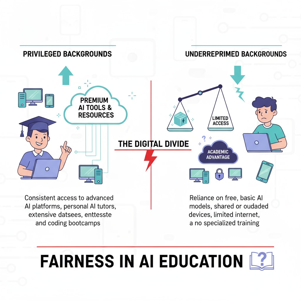 A graph presenting the differences in AI access among students from different backgrounds, highlighting the fairness issue in AI use in academia. Graph showing digital divide in AI access relevant to AI policies, academic integrity, and skill value