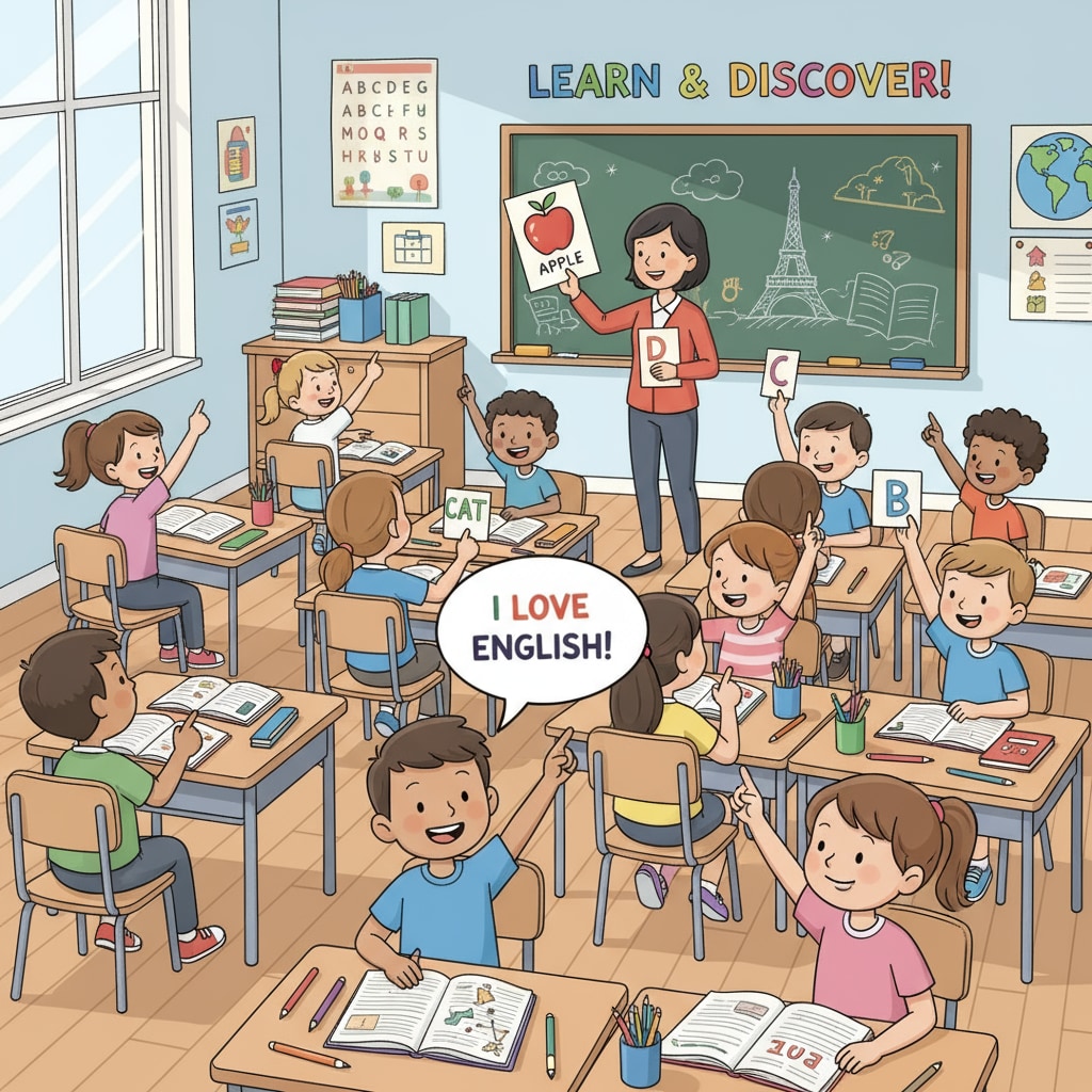 A classroom scene of children actively participating in an English class, showing their enthusiasm for language learning. Children in an early primary school English class, demonstrating their interest in language teaching methods.