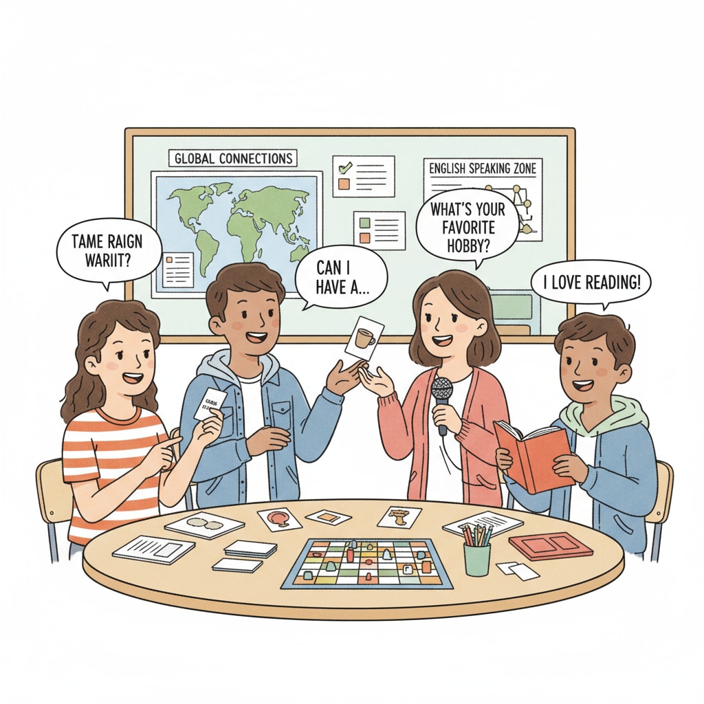 Students are engaged in an English immersion activity, interacting with each other in the target language. Students involved in an English immersion activity, relevant to early primary language teaching methods.
