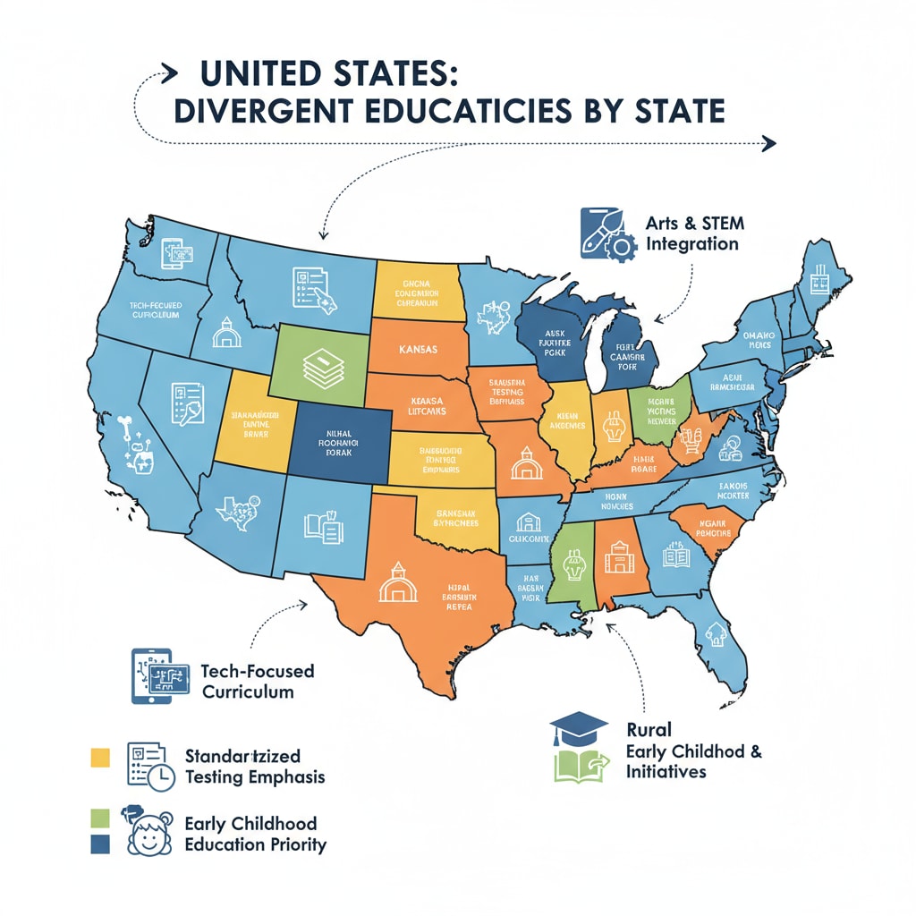 A visual representation of different states having their own education policies on a map. Map showing state-level education policies related to Trump administration's education reforms